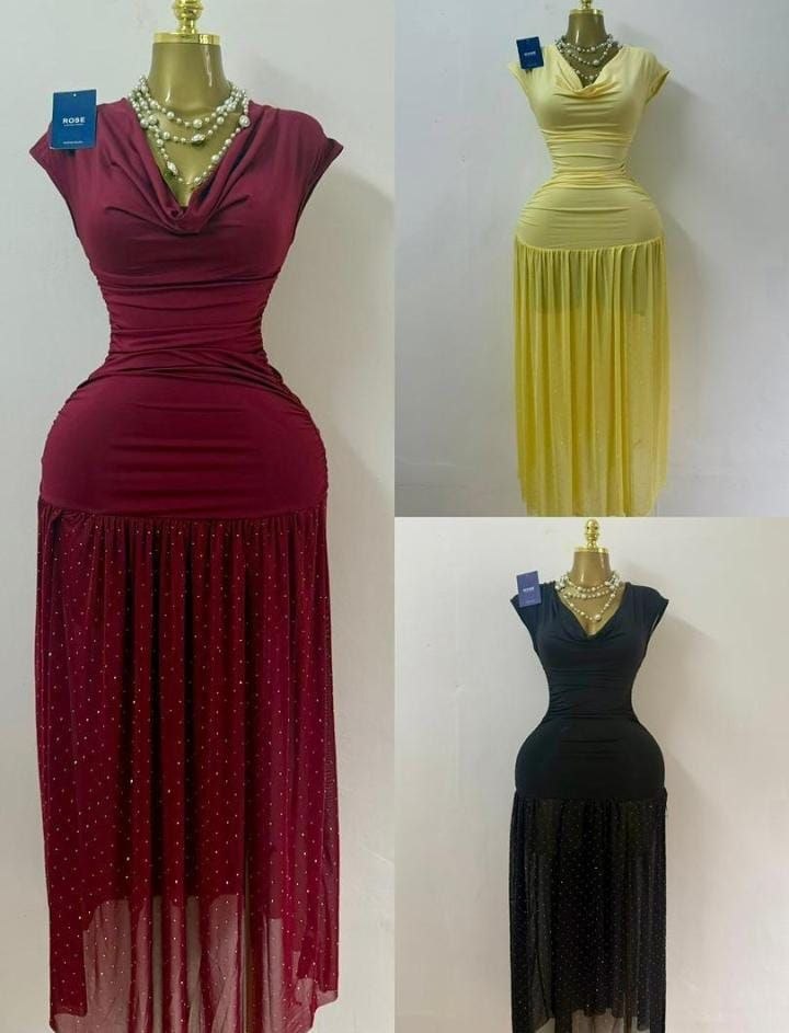 Women's Elegant Ruched Maxi Dress with Sheer Mesh Skirt